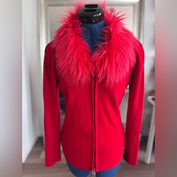 Vintage 90s Y2K Red Faux Fur Collar Zip Up Cardigan Sweater - Picture 1 of 12